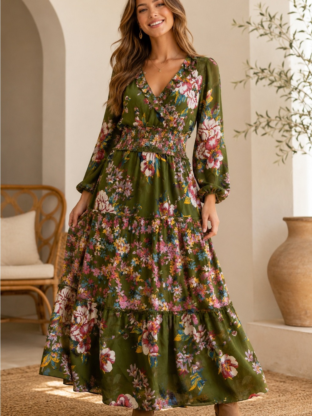 fig and flower Olive Green Floral Maxi Dress